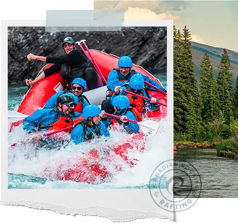 Group of happy people whitewater rafting