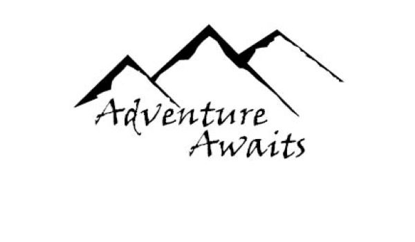 Mountains outlined in Black with text saying Adventure Awaits